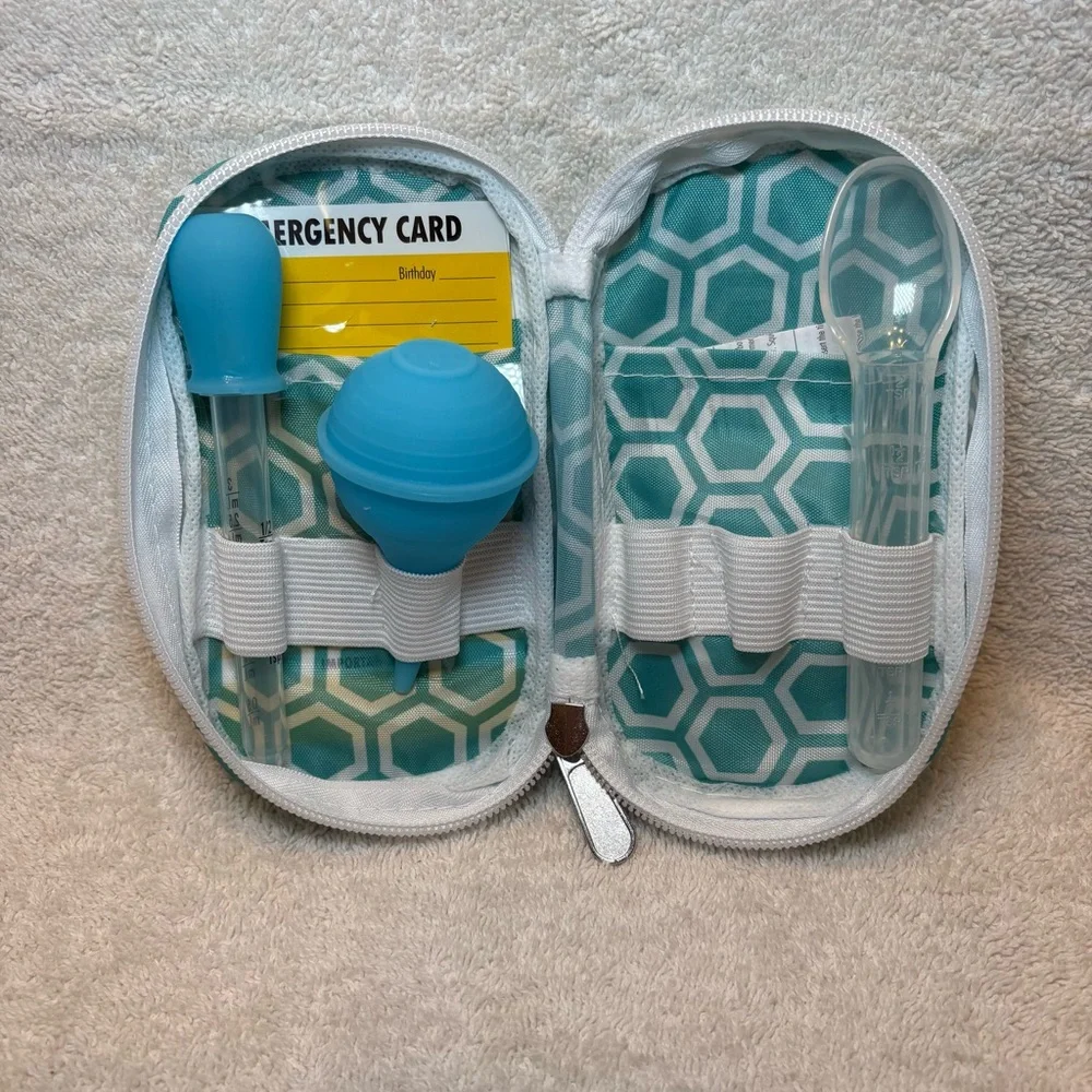 Bundle of Baby Accessories Toothbrush, Hairbrush, Pacifier Holder, Med Dispenser